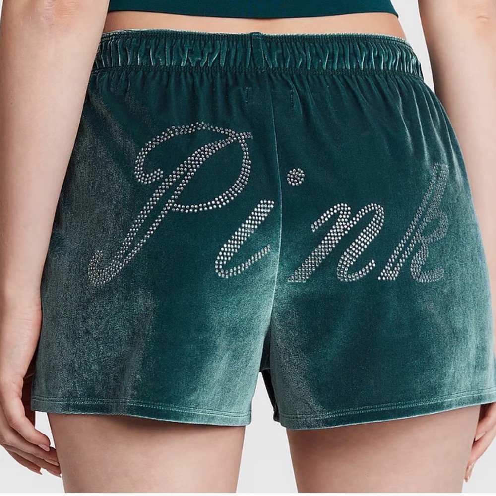 Victoria's Secret PINK Rhinestone Green Velvet Velour Boxer Shorts Size S - Picture 1 of 13